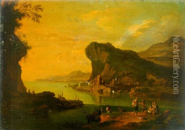 A Mediterranean Coastal Landscape With Anglers On A River Bank And Shepherds On A Road Beyond, At Sunset Oil Painting - Jacob De Heusch