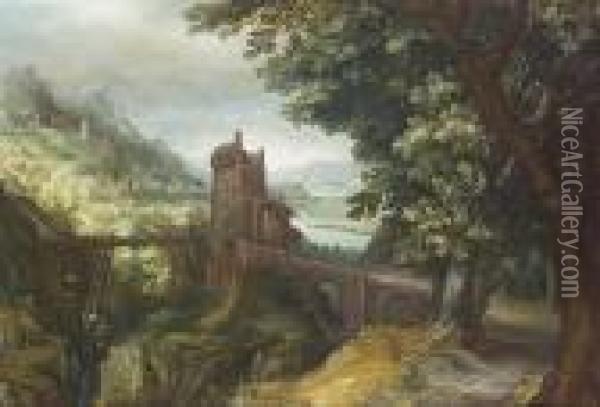 A Mountainous River Landscape 
With Figures Resting Amongst Trees And The Ruins Of A Castle Oil Painting - Anton Mirou