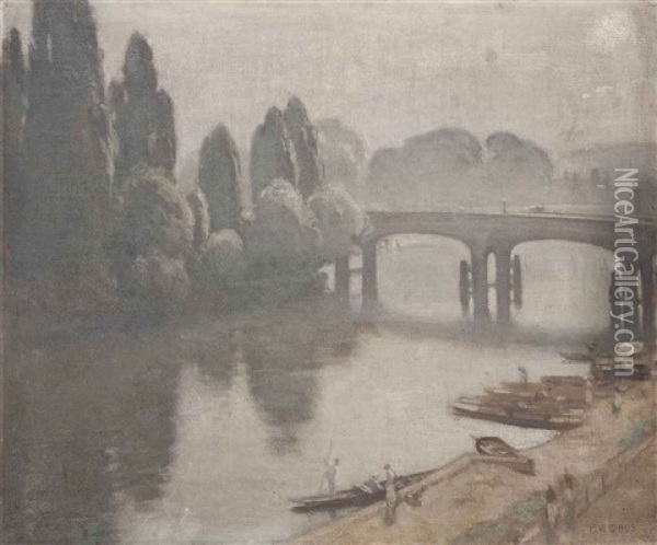 Punts On The Thames Before Hampton Court Bridge Oil Painting - Percy William Gibbs