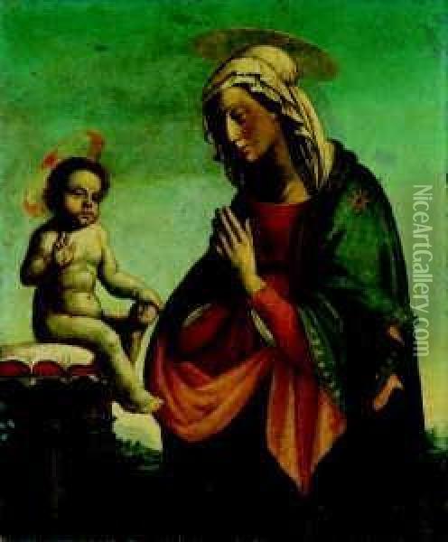 Madonna Das Kind Anbetend. Oil Painting - Giovanni Bellini