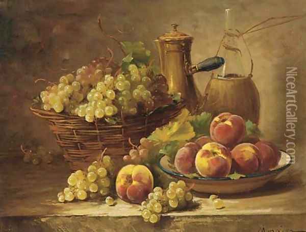 Grapes in a basket with a dish of peaches Oil Painting - Pierre Morain