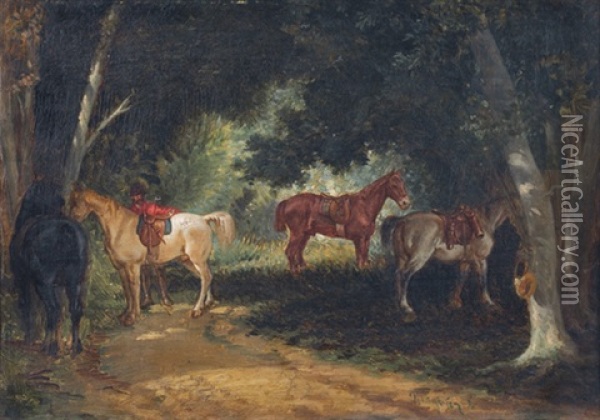 Rast Bei Der Parforcejagd Oil Painting - August Xaver Carl von Pettenkofen