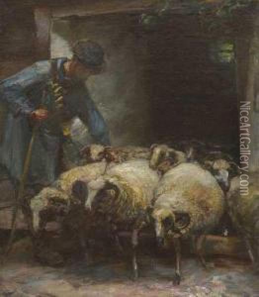 Schafer Mit Schippe Lasst Die Herde Aus Dem
Stall Oil Painting - Heinrich Von Zugel
