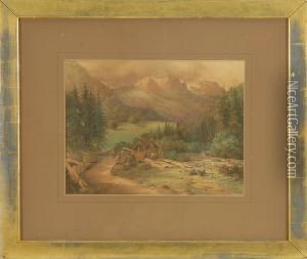 Alpine Landscape With Figures And House Under Construction. Oil Painting - Willem Iii Van De Velde