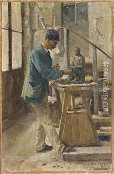 Sculpteur Dans L'atelier D'emile Latour Oil Painting - Francisque Noailly