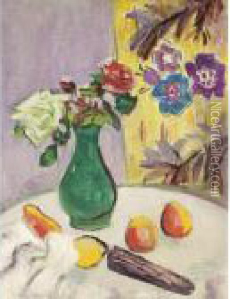 Roses In A Green Vase Oil Painting - George Leslie Hunter