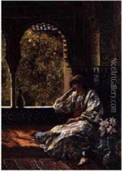 < Reverie Au Patio, Maroc >. Oil Painting - Edwin Lord Weeks