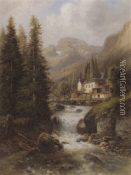 Berglandschaft Mit Bach Und Gebauden Oil Painting - Franz Barbarini