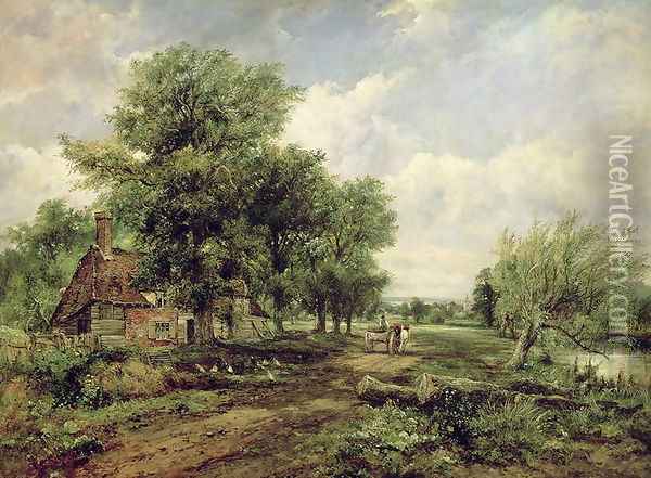 Wooded river landscape with a cottage and a horse drawn cart Oil Painting - Frederick Waters Watts