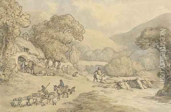 A shepherd with his flock before a cottage, beside a river Oil Painting - Thomas Rowlandson