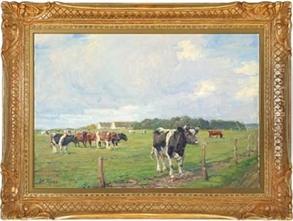 Grazing Cows On The Meadow Oil Painting - Harold Kjaer
