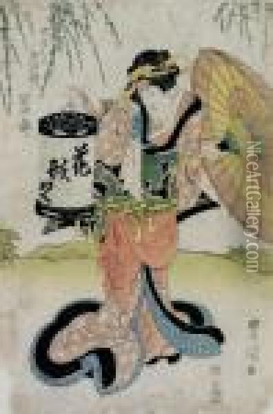 Geisha Halt Schirm Und Laterne Oil Painting - Toyokuni