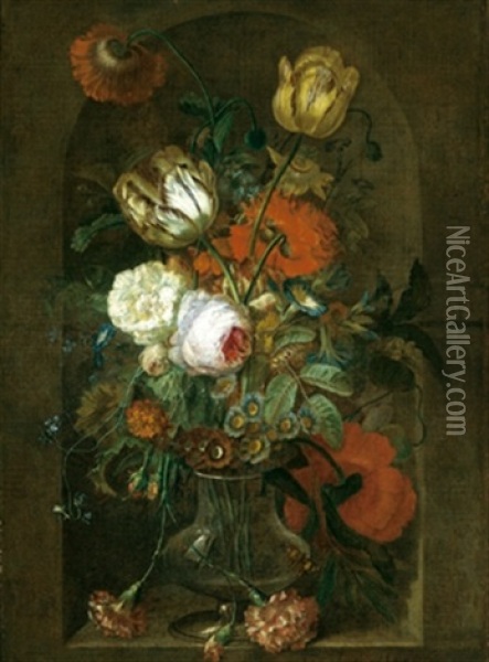 Rosen, Tulpen, Nelken, Pfingstrosen Und Andere Bluten In Einer Glasernen Vase Oil Painting - Jan Van Huysum