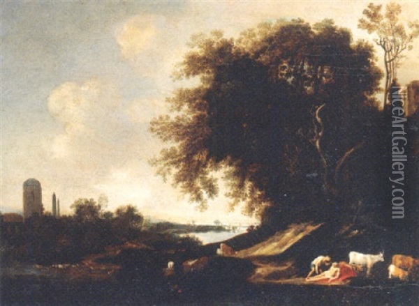 Mercury Lulling Argus To Sleep, While Io Grazes Nearby, In An Italianate River Landscape Oil Painting - Dirk Dalens the Elder