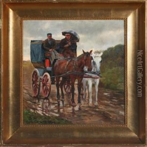 Scene With A Carriage In The Rain Oil Painting - Carl Schlichting-Carlsen