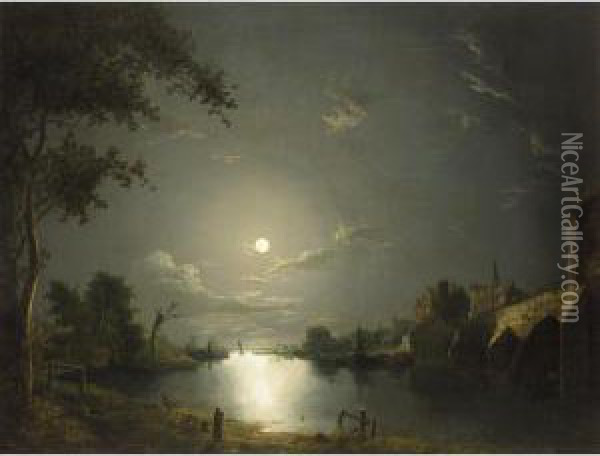 Moonlit River Landscape With A Town By A Bridge Oil Painting - Abraham Pether
