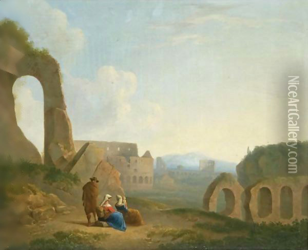 A Roman Capriccio With Figures, The Colosseum Beyond Oil Painting - Thomas Barker of Bath