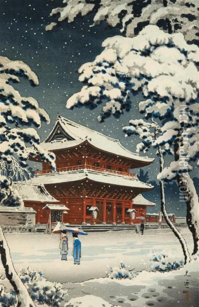 Zozoji Temple In Snow. Oil Painting - Tsuchiya Koitsu