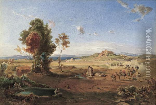Orientalische Landschaft Mit Einer Karawane Oil Painting - August Loffler