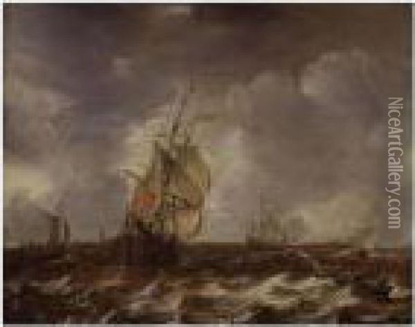 Warships And Other Small Craft In An Estuary Oil Painting - Jan Abrahamsz. Beerstraaten