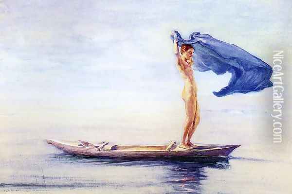 Girl In Bow Of Canoe Spreading Out Her Loin Cloth For A Sail Samoa Aka Fayaway Oil Painting - John La Farge