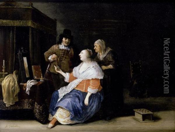 Interior With A Young Girl And A Gentleman Accompanied By An Older Lady Oil Painting - Antonie Palamedesz