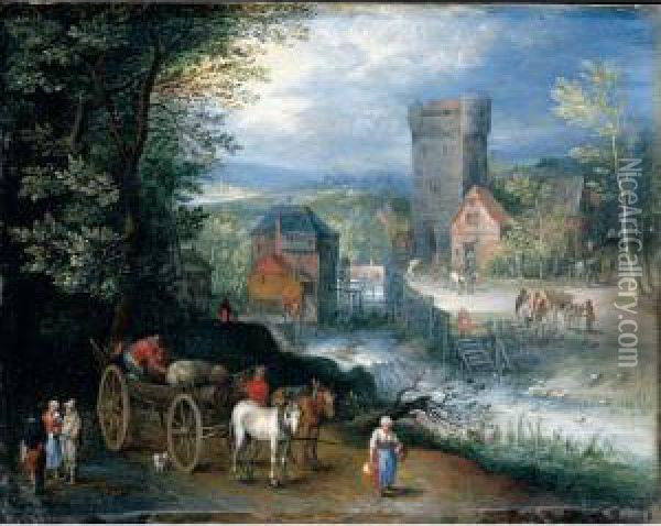 A River Landscape With A Watermill, Travellers And A Horse And Cart In The Foreground Oil Painting - Pieter Gysels