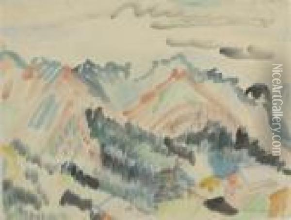 Blick Auf Das Leidbachhorn Von Der Stafelalp Aus, Mit Einer Hutte Und Kuh Im Vordergrund Oil Painting - Ernst Ludwig Kirchner