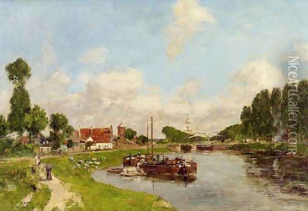 Saint-Velery-sur-Somme, Barges on the Canal Oil Painting - Eugene Boudin