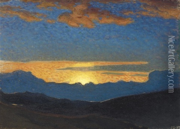 Solnedgang Over Bergen - Sunset Over The Mountains Oil Painting - Pelle Svedlund