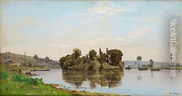 River Landscape Oil Painting - Hippolyte Camille Delpy