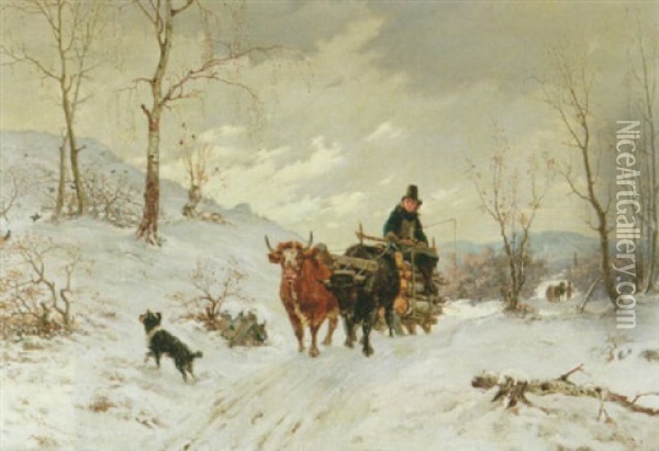 Vinterlandskap Med Man Och Timmerlass Oil Painting - Bengt-Johan-Gustaf Brandelius