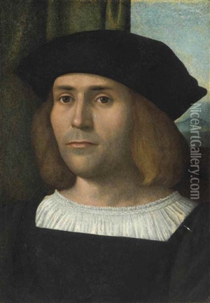 Portrait Of A Gentleman, Bust-length, In A White Chemise, A Black Doublet And A Black Hat Oil Painting - Giovanni Bellini