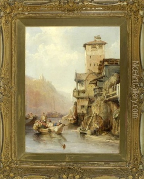 Belebte Szenerie Mit Booten Und Hausern Am Flussufer, Gegebuber Auf Dem Berg Ein Kastell Oil Painting - Charles F. Tomkins