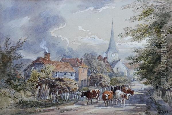 Drover And Cattle On A Village Street Oil Painting - Henry Earp