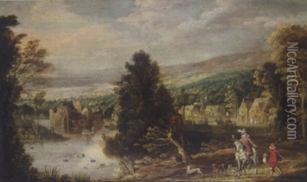 A River Landscape With Huntsmen And A Hounds Oil Painting - Joos de Momper the Younger