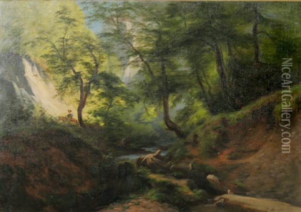 Waldlandschaft Mit Flusschen Und Einem Reiter. Im Hintergrund Ein Auf Kreidefelsen Gelegenes Schlos Oil Painting - Franz Leinecker