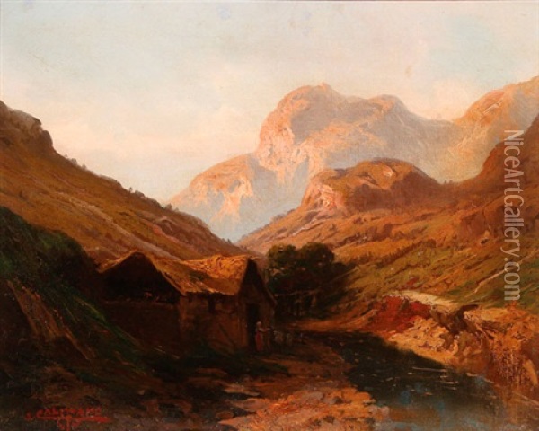 Italian Mountain Landscape With Alpine Cabin Oil Painting - John (Giovanni) Califano