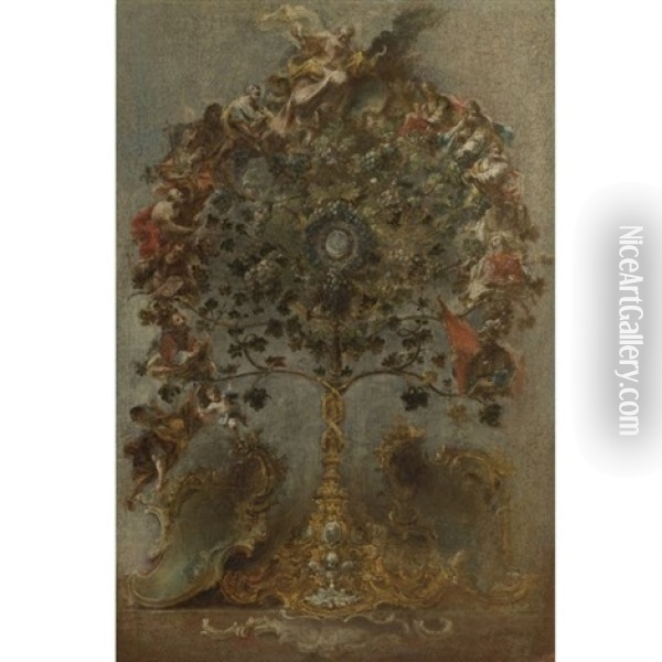 Design For A Monstrance With Grape Vines, God The Father And Other Figures Oil Painting - Johann Wolfgang Baumgartner
