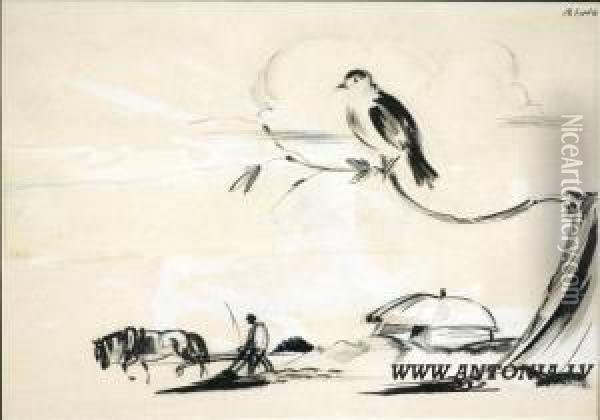 Plowman And Bird Oil Painting - Romans Suta