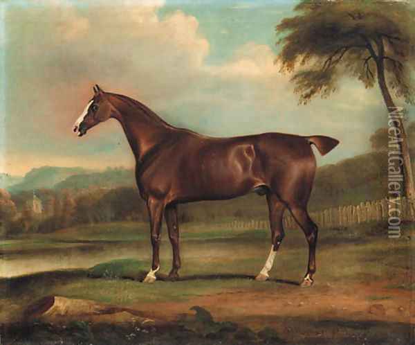 A Chestnut Hunter, in a landscape with a church beyond Oil Painting - Thomas Weaver