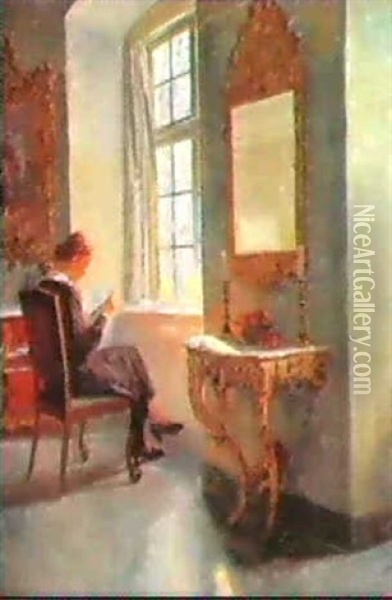 A Woman Reading A Letter By A Window Oil Painting - Robert Panitzsch