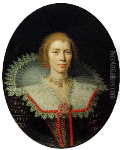 Portrait Of A Lady In A Gold-brocaded Black Dress With An Elaborate Lace Collar And Coral Beading Oil Painting - Paulus Moreelse