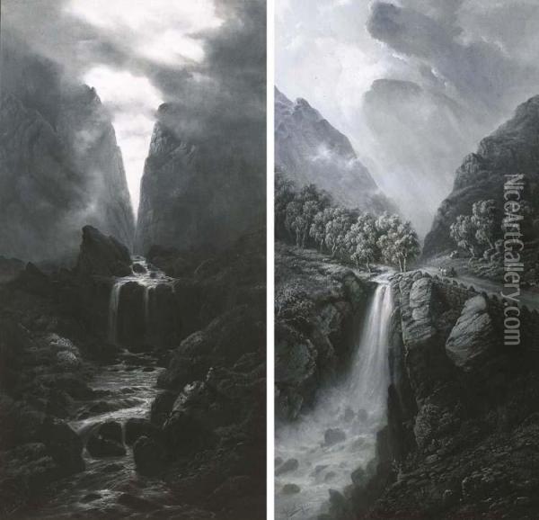 Wasserfall Bei Eide An Der Strasse Nach Ugi (norwegen); Wasserfall Bei Klekkefjord An Der Strasse Nach Jedde (norwegen) Oil Painting - Gustave Amberger