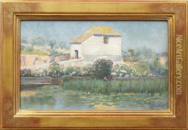 House In Alcala By A Pond Oil Painting - Felipe Gil Gallango