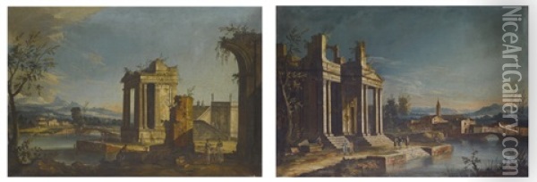 Architectural Capriccio With Two Women And A Child In The Foreground; Architectural Capriccio With Figures By The Water (pair) Oil Painting -  Master of the Langmatt Foundation Views
