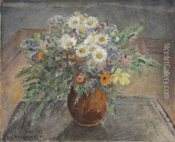 Alpine Flowers (flowers In A Brown Vase) Oil Painting - Frederick Carl Frieseke