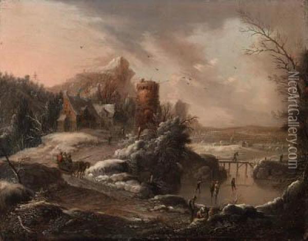 A Winter Landscape With 
Travellers On A Path And Skaters On Ariver, A Town And Houses Nearby Oil Painting - Johann Christian Vollerdt or Vollaert