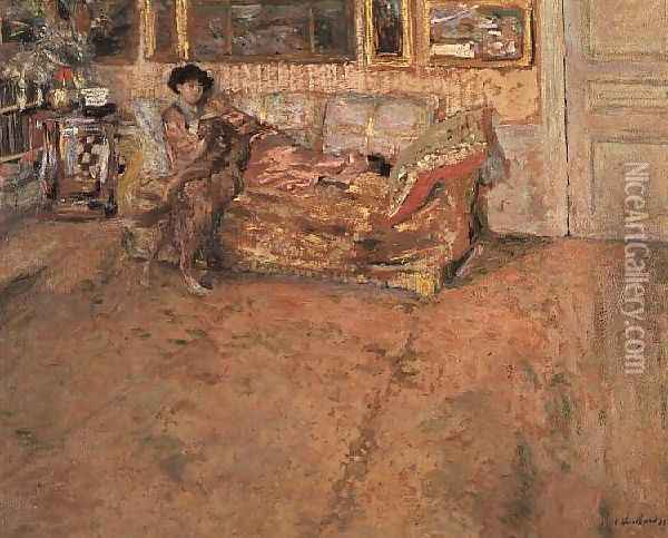 Interior with Madame Hessel and her Dog, 1910 Oil Painting - Jean-Edouard Vuillard