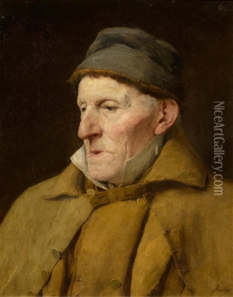 Head And Shoulders Portrait Of An Old Farmer (jean-jacques Kuffer) Oil Painting - Albert Anker